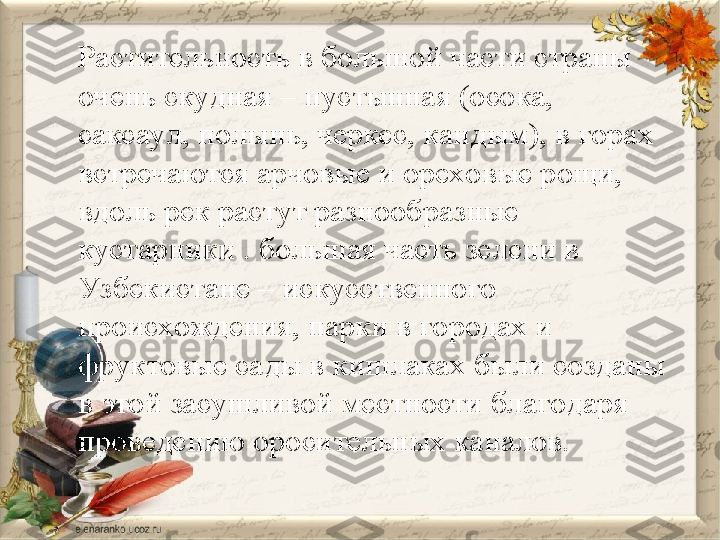 Растительность в большой части страны 
очень скудная – пустынная (осока, 
саксаул, полынь, черкес, кандым), в горах 
встречаются арчовые и ореховые рощи, 
вдоль рек растут разнообразные 
кустарники . большая часть зелени в 
Узбекистане – искусственного 
происхождения, парки в городах и 
фруктовые сады в кишлаках были созданы 
в этой засушливой местности благодаря 
проведению оросительных каналов. 