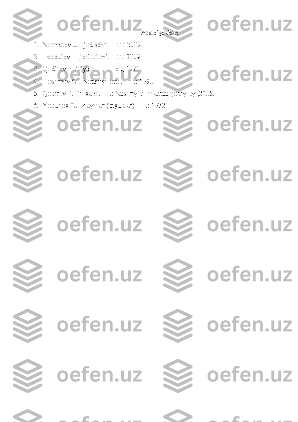 Adabiyotlar:
1. Normatov U. Ijod sehri. – T.: 2009.
2. Haqqulov I. Ijod iqlimi. – T.: 2009.
3. Qodirov P. O’ylar. – T.: Fan, 1971.
4. Hoshmov O’. Notanish orol. – T.: 1990.
5. Qodirov P. Til va el. –T.: Nashriyot –matbaa ijodiy uyi,2005.
6. Yoqubov O. Izlayman.(etyudlar) – T.: 1972. 