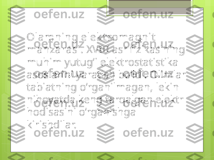 Olamning elek t romagnit  
manzarasi.  XVIII asr fizikasining 
muhim yutug’i elektrostatistika 
asoslarini yaratish bo’ldi. Olimlar 
tabiatning o’rganilmagan, lekin 
nihoyatda keng tarqalgan elektr 
hodisasini o’rganishga 
kirishdilar.                                             