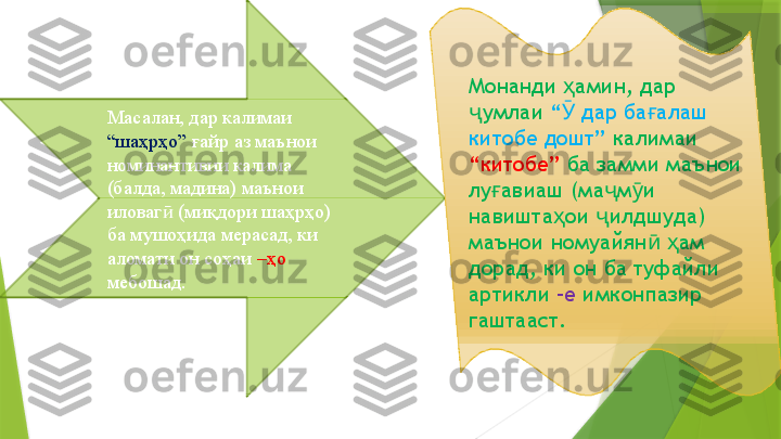 Масалан, дар калимаи 
“шаҳрҳо”  ғайр аз маънои 
номинантивии калима 
(балда, мадина) маънои 
иловаг  (миқдори шаҳрҳо) ӣ
ба мушоҳида мерасад, ки 
аломати он соҳаи  –ҳо 
мебошад.  Монанди  амин, дар 	
ҳ
умлаи 	
ҷ “  дар ба алаш 	Ӯ ғ
китобе дошт”  калимаи 
“китобе”  ба замми маънои 
лу авиаш (ма м и 	
ғ ҷ ӯ
навишта ои  илдшуда) 	
ҳ ҷ
маънои номуайян   ам 	
ӣ ҳ
дорад, ки он ба туфайли 
артикли  –е  имконпазир 
гаштааст.                 