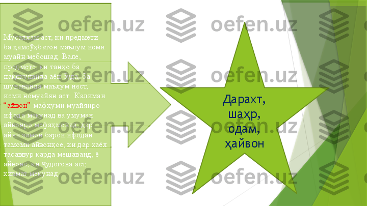 Мусаллам аст, ки предмети 
ба ҳамс ҳбатон маълум исми ӯ
муайн мебошад. Вале, 
предмете, ки танҳо ба 
нақлкунанда аён буда, ба 
шунаванда маълум нест, 
исми номуайян аст.  Калимаи 
“айвон”  мафҳуми муайянро 
ифода мекунад ва умуман 
айвонро мефаҳмонад, дар 
айни замон барои ифодаи 
тамоми айвонҳое, ки дар хаёл 
тасаввур карда мешаванд, ё 
айвоне, ки  удогона аст, 	
ҷ
хизмат мекунад. Дарахт, 
ша р, 	
ҳ
одам, 
айвон	
ҳ                 