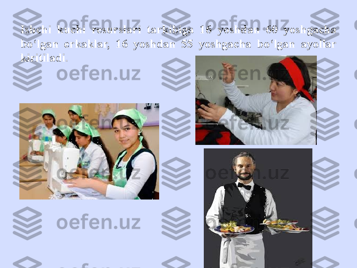 Ishchi  kuchi  resurslari  tarkibiga  16  yoshdan  60  yoshgacha 
bo‘lgan  erkaklar,  16  yoshdan  55  yoshgacha  bo‘lgan  ayollar 
kiritiladi.  