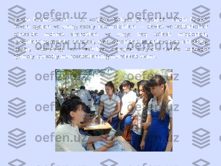 Ishchi  kuchi  bozori  —  bu  xo'jalik  faoliyati  jarayonida  "ishchi  kuchi" 
tovari  egalari  va  uning  asosiy  iste'molchilari  —  davlat  va  tadbirkorlar 
o'rtasida  mehnat  sharoitlari  va  unga  haq  to'lash  miqdorlari, 
ishchilarning  malaka  darajasi,  ular  tomonidan  bajarilayotgan  ishlarning 
hajmi,  intensivligi  va  mas'uliyat  darajasi  bo'yicha  tarkib  topuvchi 
ijtimoiy-iqtisodiy munosabatlarning murakkab tizimi. 