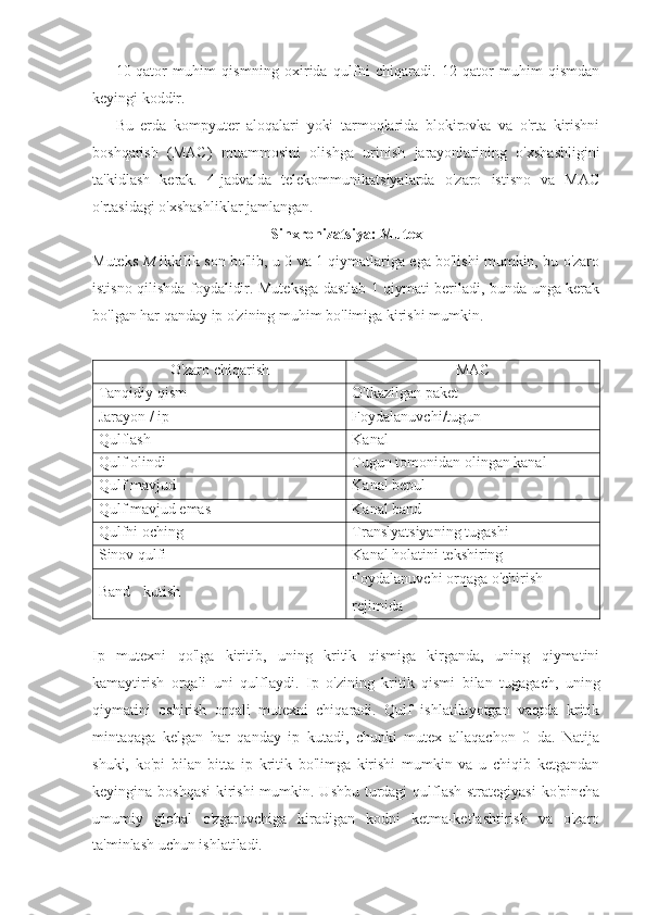 10-qator   muhim   qismning   oxirida   qulfni   chiqaradi.   12-qator   muhim   qismdan
keyingi koddir.
Bu   erda   kompyuter   aloqalari   yoki   tarmoqlarida   blokirovka   va   o'rta   kirishni
boshqarish   (MAC)   muammosini   olishga   urinish   jarayonlarining   o'xshashligini
ta'kidlash   kerak.   4-jadvalda   telekommunikatsiyalarda   o'zaro   istisno   va   MAC
o'rtasidagi o'xshashliklar jamlangan.
Sinxronizatsiya: Mutex
Muteks   M   ikkilik son bo'lib, u 0 va 1 qiymatlariga ega bo'lishi mumkin, bu o'zaro
istisno qilishda foydalidir. Muteksga dastlab 1 qiymati beriladi, bunda unga kerak
bo'lgan har qanday ip o'zining muhim bo'limiga kirishi mumkin.
O'zaro chiqarish MAC
Tanqidiy qism O'tkazilgan paket
Jarayon / ip Foydalanuvchi/tugun
Qulflash Kanal
Qulf olindi Tugun tomonidan olingan kanal
Qulf mavjud Kanal bepul
Qulf mavjud emas Kanal band
Qulfni oching Translyatsiyaning tugashi
Sinov qulfi Kanal holatini tekshiring
Band - kutish Foydalanuvchi orqaga o'chirish 
rejimida
Ip   mutexni   qo'lga   kiritib,   uning   kritik   qismiga   kirganda,   uning   qiymatini
kamaytirish   orqali   uni   qulflaydi.   Ip   o'zining   kritik   qismi   bilan   tugagach,   uning
qiymatini   oshirish   orqali   mutexni   chiqaradi.   Qulf   ishlatilayotgan   vaqtda   kritik
mintaqaga   kelgan   har   qanday   ip   kutadi,   chunki   mutex   allaqachon   0   da.   Natija
shuki,   ko'pi   bilan   bitta   ip   kritik   bo'limga   kirishi   mumkin   va   u   chiqib   ketgandan
keyingina boshqasi  kirishi  mumkin. Ushbu turdagi qulflash strategiyasi  ko'pincha
umumiy   global   o'zgaruvchiga   kiradigan   kodni   ketma-ketlashtirish   va   o'zaro
ta'minlash uchun ishlatiladi. 
