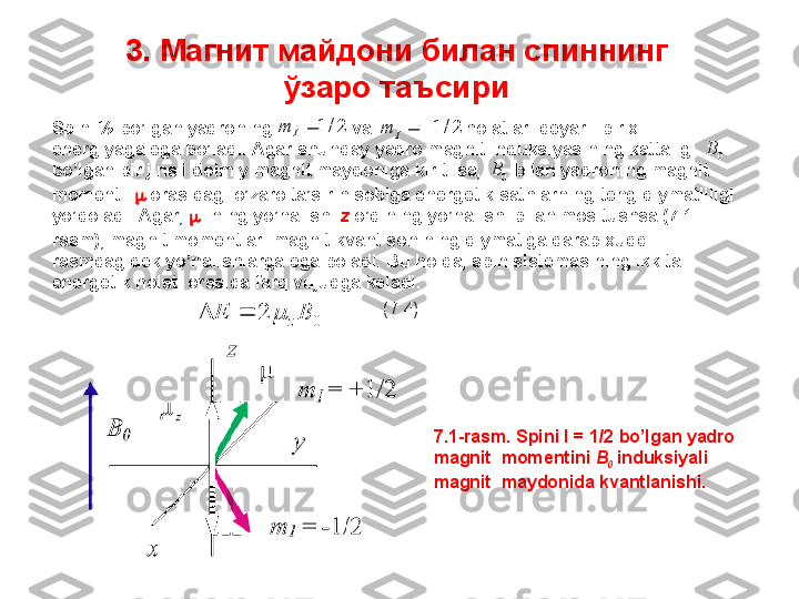 Spini ½ bo’lgan yadroning                      va                       holatlari  deyarli  bir xil 
energiyaga ega bo’ladi. Agar shunday yadro magnit induksiyasining kattaligi  
bo’lgan bir jinsli doimiy magnit maydoniga kiritilsa,       
  bilan yadroning magnit 
momenti      orasidagi o’zaro ta’sir hisobiga energetik sathlarning  teng qiymatliligi   
yo’qoladi. Agar,   
  ning yo’nalishi  z  o’qining yo’nalishi bilan mos tushsa (7.1 - 
rasm), magnit momentlari magnit kvant sonining qiymatiga qarab xuddi 
rasmdagidek yo’nalishlarga ega boladi. Bu holda, spin sistemasining ikkita 
energetik holati orasida farq vujudga keladi. 3.  Магнит майдони билан спиннинг 
ўзаро таъсири
2/1Im	2/	1		I	m	
0	B	
0	B
0	
2	B	Ez			 (7.4)
7.1- rasm.  Spini I = 1/2 bo’lgan yadro 
magnit    momentini  B
0   induksiyali 
magnit    maydonida kvantlanishi. 