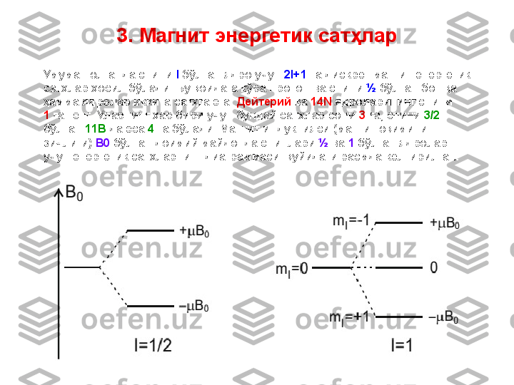 3.  Магнит энергетик сат ҳлар
Умуман олганда спини   I   бўлган ядро учун  2 I +1   та дискрет магнит энергетик 
сатҳлар ҳосил бўлади. Бу қоидага кўра протон ва спини  ½  бўлган бошқа 
ҳамма ядролар иккита сатҳга эга.  Дейтерий  ва  14N  ядроларининг спини 
1  га тенг.  Уларнинг ҳар бири учун бундай сатҳлар сони  3  та, спини  3/2  
бўлган  11B  да эса  4  та бўлади. Магнит индукцияси (магнит оқимининг 
зичлиги)  B0  бўлган доимий майдонда спинлари  ½  ва  1  бўлган ядролар 
учун энергетик сатҳларнинг диаграммаси  қуйидаги расмда келтирилган.   