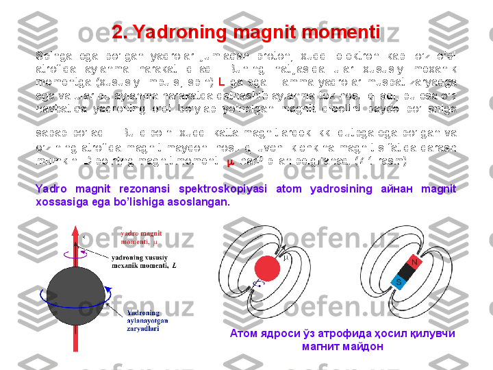 2. Yadroning magnit momenti
S pinga  ega  bo’lgan  yadrolar  jumladan  proton,  xuddi  elektron  kabi  o’z  o’qi 
atrofida  aylanma  harakat  qiladi.  Buning  natijasida  ular  xususiy  mexanik 
momentga  (xususiy  impuls ,  spin )   L   ga  ega.  Hamma  yadrolar  musbat  zaryadga 
ega  va  ular  bu aylanma harakatda qatnashib  aylanma  tok  hosil qiladi, bu  esa o’z 
navbatida  yadroning  o’qi  bo’ylab  yo’nalgan  magnit  dipolini  paydo  bo’lishiga 
sabab  bo’ladi .  Bu  dipolni  xuddi  katta  magnitlardek  ikki  qutbga  ega  bo’lgan  va 
o’zining  atrofida  magnit  maydoni  hosil  qiluvchi  kichkina  magnit  sifatida  qarash 
mumkin. Dipolning magnit momenti       harfi bilan belgilanadi  ( 7 .1-rasm). 
Yadro  magnit  rezonansi  spektroskopiyasi  atom  yadrosining  айнан  magnit 
xossasiga ega bo’lishiga asoslangan.
Атом ядроси ўз атрофида ҳосил қилувчи 
магнит майдон 