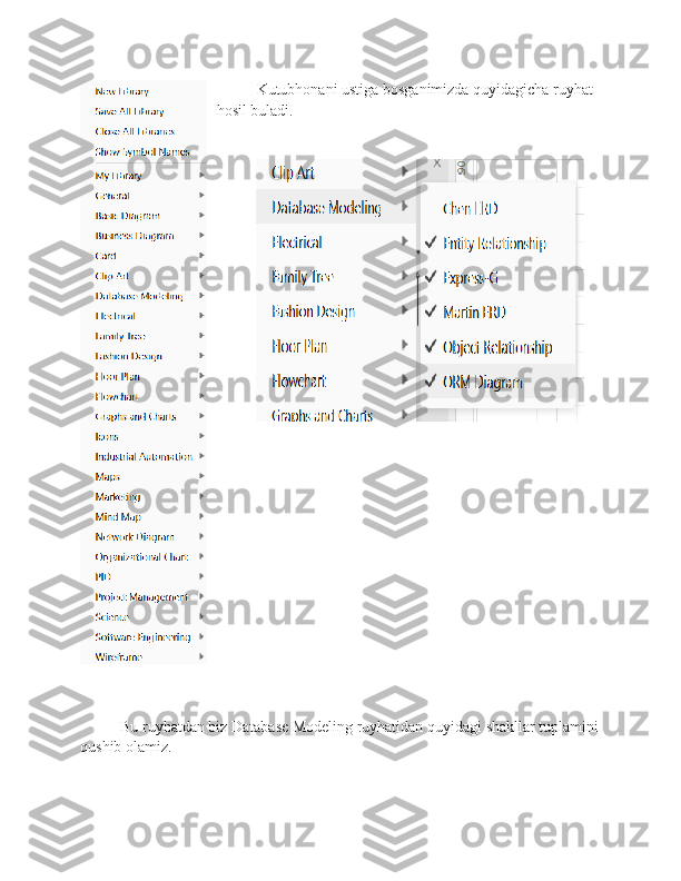 Kutubhonani ustiga bosganimizda quyidagicha ruyhat 
hosil buladi.
Bu ruyhatdan biz Database Modeling ruyhatidan quyidagi shakllar tuplamini
qushib olamiz. 