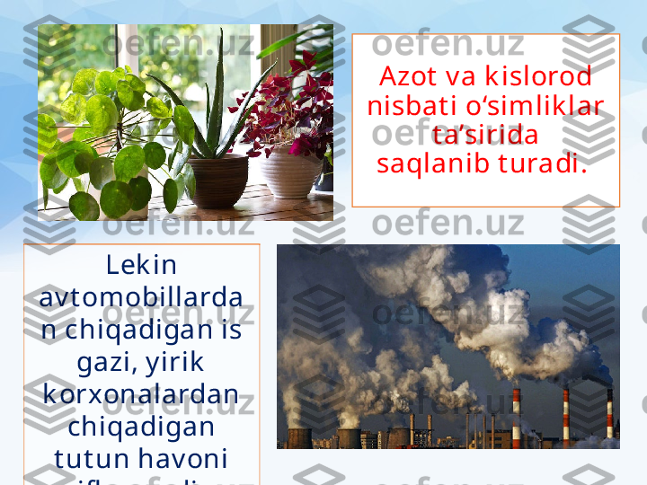 Azot  v a k islorod 
nisbat i o‘simlik lar 
t a’sirida
saqlanib t uradi. 
Lek in 
av t omobillarda
n chiqadigan is 
gazi, y irik  
k orxonalardan 
chiqadigan 
t ut un hav oni 
ifl oslay di. 