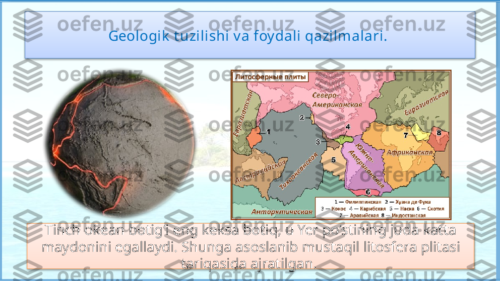 Geologik  t uzilishi v a foy dali qazilmalari. 
Tinch okean botig‘i eng keksa botiq, u Yer po‘stining juda katta 
maydonini egallaydi. Shunga asoslanib mustaqil  litosfera plitasi 
tariqasida ajratilgan.     