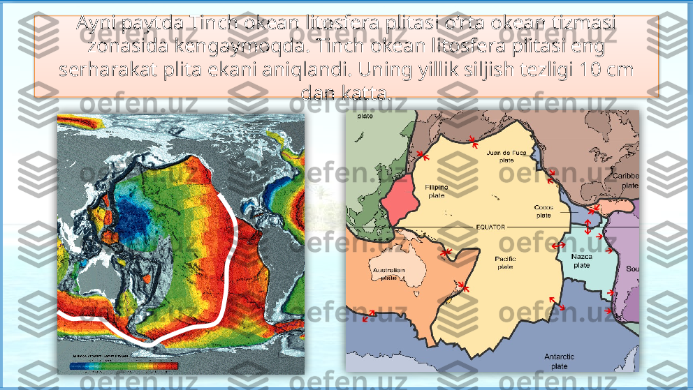 Ayni paytda Tinch okean litosfera plitasi  o‘rta okean tizmasi 
zonasida kengaymoqda. Tinch okean litosfera plitasi eng 
serharakat plita ekani aniqlandi. Uning yillik siljish tezligi 10 cm 
dan katta.     