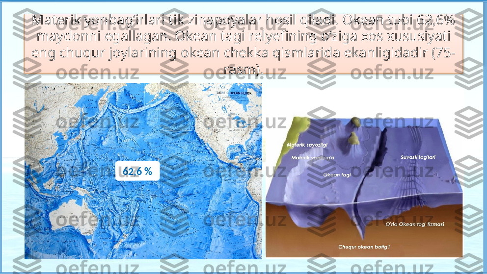 Materik yonbag‘irlari tik zinapoyalar hosil qiladi. Okean tubi 62,6%
maydonni egallagan. Okean tagi relyefining o‘ziga xos xususiyati 
eng chuqur joylarining okean chekka qismlarida ekanligidadir (75-
rasm).
62,6 %   