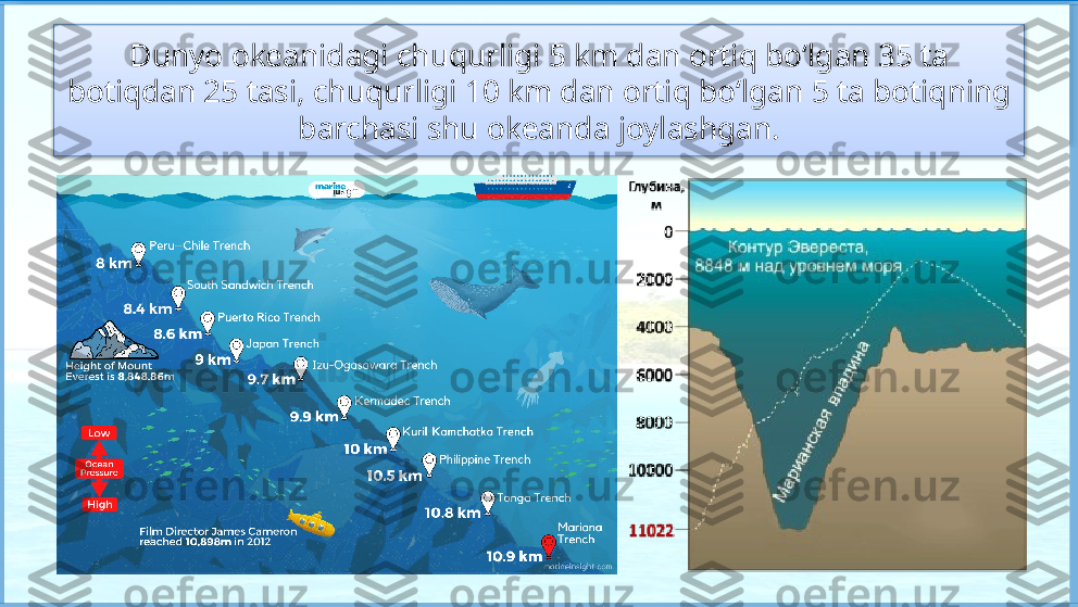 Dunyo okeanidagi chuqurligi 5 km dan ortiq bo‘lgan 35 ta 
botiqdan 25 tasi, chuqurligi 10 km dan ortiq bo‘lgan 5 ta botiqning 
barchasi shu okeanda joylashgan.   