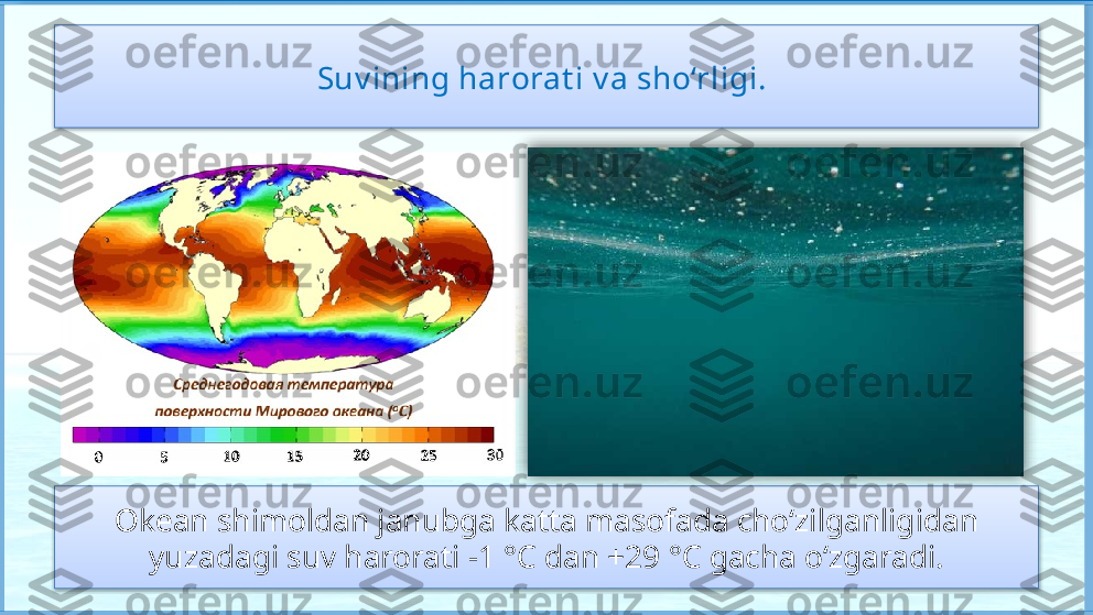 Tinch okean eng 
issiq okean bo‘lib, 
yuzasidagi suvning 
harorati 
ekvatordan ikkala 
qutb tomon 
kamayib boradi.Suv ining harorat i v a sho‘rligi. 
Okean shimoldan janubga katta masofada cho‘zilganligidan 
yuzadagi suv harorati −1 °C dan +29 °C gacha o‘zgaradi.      