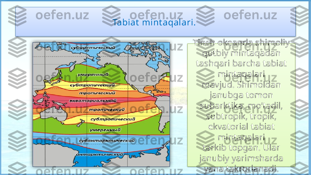 Tabiat  mint aqalari. 
Tinch okeanda shimoliy 
qutbiy mintaqadan 
tashqari barcha tabiat 
mintaqalari
mavjud. Shimoldan 
janubga tomon 
subarktika, mo‘tadil, 
subtropik, tropik, 
ekvatorial tabiat 
mintaqalari
tarkib topgan. Ular 
janubiy yarimsharda 
yana takrorlanadi.     