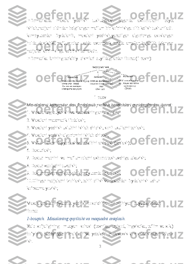 Informatikada   masala   yechish   tushunchasi   deganda   axborotlar ni   qayta
ishlab,natijani oldindan belgilangan ma‘lum bir ko’rinishga olib kelish tushuniladi.
kompyuterdan   foydalanib,   masalani   yechish-yaratilgan   algoritmga   asoslangan
holda   dastlabki   ma‘lumotlar   ustida   avtomatik   tarzda   amallar   bajarilib   izlangan
natijalar ko’rini shiga keltirish demakdir.
Informatika fanining tarkibiy  qismlari quyildagilardan iborat (1-rasm):
1- расм
Masalalarni kompyuter dan foydalanib yechish bosqich lari quyidagilardan iborat:
1. Masalaning quyillishi va maqsadning aniqlanishi;
2. Masalani matematik ifodalash;
3. Masalani yechish uslubini ishlab chiqish, sonli usullarni tanlash;
4. Masalani yechish algoritmini ishlab chiqish;
5. Ma‘lumotlarni tayyorlash va tarkibini aniqlash (tanlash);
6. Dasturlash;
7. Dastur  matnini  va  ma‘lumotlarni axborot tashuvchiga utkazish;
8. Dastur xatolarini tuzatish; 
9. Dasturni avtomatik tarzda kompyuterda bajarilishi;
10.Olingan natijalarni izohlash, tahlil qilish va dastur dan foydalanish uchun 
ko’rsatma yozish;
Masalalarni kompyuterda yechish bosqichlarining mohiyati  quyildagilardan 
iborat:
1-bosqich.  Masalaning quyilishi va maqsadni aniqlash .
Xalq xo’jaligining     muayan   sohasi   (texnika,   iqtisod, lingvistika, ta‘lim va x.k.)
bo’yicha   ishlayotgan     ma lakali   va   yetakchi   mutaxassis   tomonidan   bajariladigan
ish.
2 