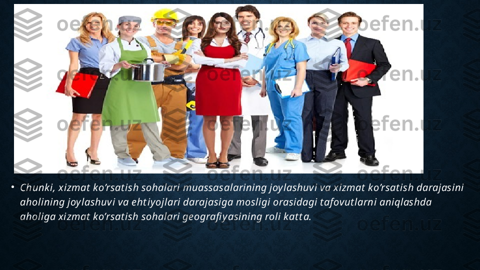 •
Chunk i, x izmat  k o’rsat ish sohalari muassasalarining joy lashuvi v a x izmat  k o’rsat ish darajasini 
aholining joy lashuv i va e ht iy ojlari darajasiga mosligi orasidagi t af ov ut larni aniqlashda 
aholiga xizmat  k o’rsat ish sohalari ge ografi y asining roli k at t a. 