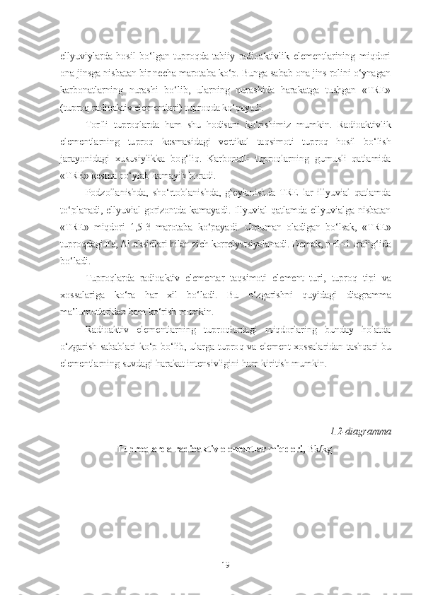 ellyuviylarda   hosil   bo‘lgan   tuproqda   tabiiy   radioaktivlik   elementlarining   miqdori
ona jinsga nisbatan bir necha marotaba ko‘p. Bunga sabab ona jins rolini o‘ynagan
karbonatlarning   nurashi   bo‘lib,   ularning   nurashida   harakatga   tushgan   «TRE»
(tuproq radioaktiv elementlari) tuproqda ko‘payadi.
Torfli   tuproqlarda   ham   shu   hodisani   k o‘ rishimiz   mumkin.   Radioaktivlik
elementlarni ng   tu pro q   kesmasidagi   vertikal   taqsimoti   tupro q   h osil   b o‘ lish
jarayonidagi   xususiylikka   bo g‘ li q .   Karbonatli   tuproqlarning   gumusli   qatlamida
«TRE» kesma  b o‘ ylab  kamayib boradi.
Podzollanishda,   sho‘rtoblanishda,   gleylanishda   TRE   lar   illyuvial   qatlamda
to‘planadi, ellyuvial gorizontda kamayadi. Illyuvial qatlamda ellyuvialga nisbatan
«TRE»   miqdori   1,5-3   marotaba   k o‘ payadi.   Umuman   oladigan   bo‘lsak,   «TRE»
tuproqdagi Fe, Al oksidlari bilan zich korrelyatsiyalanadi.  Demak, r=0+1  orali g‘ ida
b o‘ ladi.
Tuproqlarda   radioaktiv   elementar   taqsimoti   element   turi,   tupro q   tipi   va
xossalariga   ko‘ra   har   xil   b o‘ ladi.   Bu   o‘zgarishni   quyidagi   d i a gramma
ma’lumotlaridan ham ko‘rish mumkin.
Radioaktiv   elementlarning   tuproqlardagi   miqdorlaring   bunday   holatda
o‘ zgarish sabablari   ko‘p bo‘lib,   ularga tupro q va   element xossalaridan tashqari bu
elementlarning suvdagi harakat intensivligini ham kiritish mumkin. 
1.2 -diagramma
Tuproqlarda radioaktiv elementlar miqdori,  Bk / kg.
19 