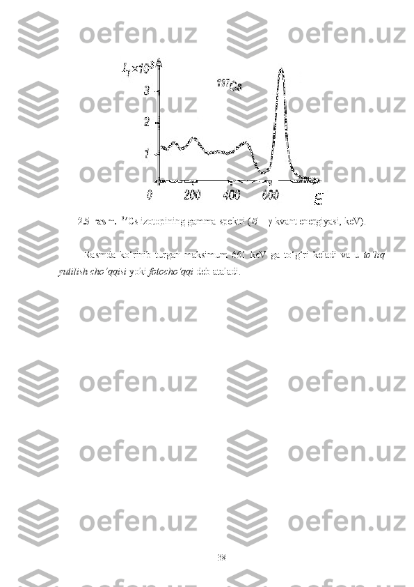2.5-rasm.   137
Cs izotopining gamma-spektri ( E  –  γ -kvant energiyasi, keV).
Rasmda   ko‘rinib   turgan   maksimum   661   keV   ga   to‘g‘ri   keladi   va   u   to‘liq
yutilish cho‘qqisi  yoki  fotocho‘qqi  deb ataladi.
38 