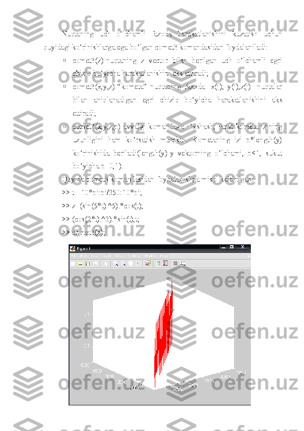 Nuqtaning   uch   o’lchamli   fazoda   harakatlanishini   kuzatish   uchun
quyidagi ko’rinishlarga ega bo’lgan comet3 komandasidan foydalaniladi:
 comet3(z)-nuqtaning   z   vector   bilan   berilgan   uch   o’lchamli   egri
chiziq bo’yicha harakatlanishini aks ettiradi;
 comet3(x,y,z)-“kometa”   nuqtaning   fazoda   [x(i),   y(i),z(i)]   nuqtalar
bilan   aniqlanadigan   egri   chiziq   bo’yicha   harakatlanishini   aks
ettiradi;
 comet3(x,y,z,p)-avvalgi komandaga o’xshash, faqat kometa izining
uzunligini   ham   ko’rsatish   mumkin.   Kometaning   izi   p*length(y)
ko’rinishida   beriladi(length(y)-y   vektorning   o’lchami,   p<1,   sukut
bo’yicha p=0,1).
Quyida comet3 komandasidan foydalanishga misol keltirilgan:
>> t=-10*pi:pi/250:10*pi;
>> z=(sin(5*t).^5).*cos(t);
>> (cos(2*t).^2).*sin(t),t;
>> comet3(z); 