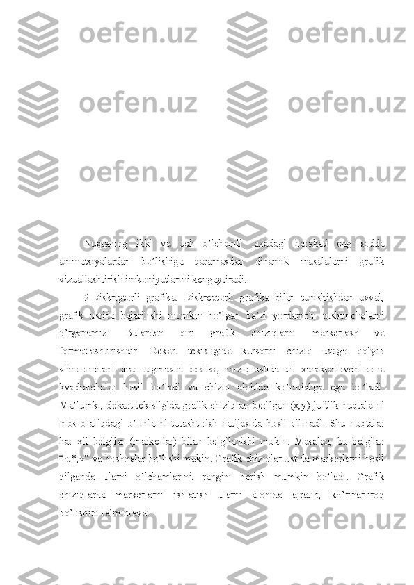 Nuqtaning   ikki   va   uch   o’lchamli   faz а dagi   harakati   eng   sodda
animatsiyalardan   bo’lishiga   qaramasdan   dinamik   masalalarni   grafik
vizuallashtirish imkoniyatlarini kengaytiradi. 
2.Diskriptorli   grafika.   Diskreptorli   grafika   bilan   tanishishdan   avval,
grafik   ustida   bajarilishi   mumkin   bo’lgan   ba’zi   yordamchi   tushunchalarni
o’rganamiz.   Bulardan   biri   grafik   chiziqlarni   markerlash   va
formatlashtirishdir.   Dekart   tekisligida   kursorni   chiziq   ustiga   qo’yib
sichqonchani   chap   tugmasini   bosilsa,   chiziq   ustida   uni   xarakterlovchi   qora
kvadratchalar   hosil   bo’ladi   va   chiziq   alohida   ko’rinishga   ega   bo’ladi.
Ma’lumki, dekart tekisligida grafik chiziqlari berilgan (x,y) juftlik nuqtalarni
mos   oraliqdagi   o’rinlarni   tutashtirish   natijasida   hosil   qilinadi.   Shu   nuqtalar
har   xil   belgilar   (markerlar)   bilan   belgilanishi   mukin.   Masalan,   bu   belgilar
“o,*,x” va boshqalar   bo’lishi mukin. Grafik chiziqlar ustida markerlarni hosil
qilganda   ularni   o’lchamlarini,   rangini   berish   mumkin   bo’ladi.   Grafik
chiziqlarda   markerlarni   ishlatish   ularni   alohida   ajratib,   ko’rinarliroq
bo’lishini ta’minlaydi. 