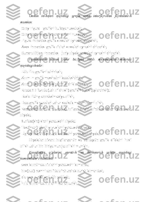 Undan   tashqari   quyidagi   grafik   oyna   interfeysidan   foydalanish
mumkin:
-Copy Figure – grafikni buferga nusxalash;
-Copy Options-grafik parametrlarni nusxalash;
-Figure Properties-grafik xossalari oynasini chiqarish;
-Axes Properties- grafik o’qlari xossalari oynasini chiqarish;
-Current Object Properties – joriy obyekt xossalari oynasini chiqarish.
Foydalanish   uchun   zarur   bo;lgan   Tools   mexanizmlar   menyusi
quyidagichadir:
-Edit Plot-grafikni tahrirlash;
-Zoom In-grafik masshtabni kattalashtirish;
-Zoom Out-grafik masshtabini kichiklashtirish;
-Rotate 3D-fazoda (uch o’lchovli) grafikni burish(aylantirish);
-Basic Fitting-appraksimatsiya qilish;
-Data-grafik nuqtalari uchun statistik ma’lumotlarni olish;
-Rectangle(to’g’ri   to’rtburchak)-bo’lgan   to’g’ri   to’rtburchaklarni   yaratuvchi
obyekt;
-Surface(sirt)-sirtni yaratuvchi obyekt;
-Text(matn)-tekstli yozuvlarni yaratuvchi obyekt;
-Light(yorug’lik)-yorug’lik effektini yaratuvchi obyekt.
Obyektlar   o’zaro   bog’langandir   va   qandaydir   grafik   effektini   hosil
qilish uchun bir- biriga murojat qilishi mumkin.
Koordinata   o’qlarini   yaratish   va   boshqarish   uchun   quyidagi
komandalar ishlatiladi:
-axes-koordinata o’qlarini yaratuvchi komanda;
-box(quti)-rasmni atrofida to’rtburchak qurish komandasi;
-cla-axes qurishlarni olib tashlash;
-hold-koordinata o’qlarini saqlab turish; 