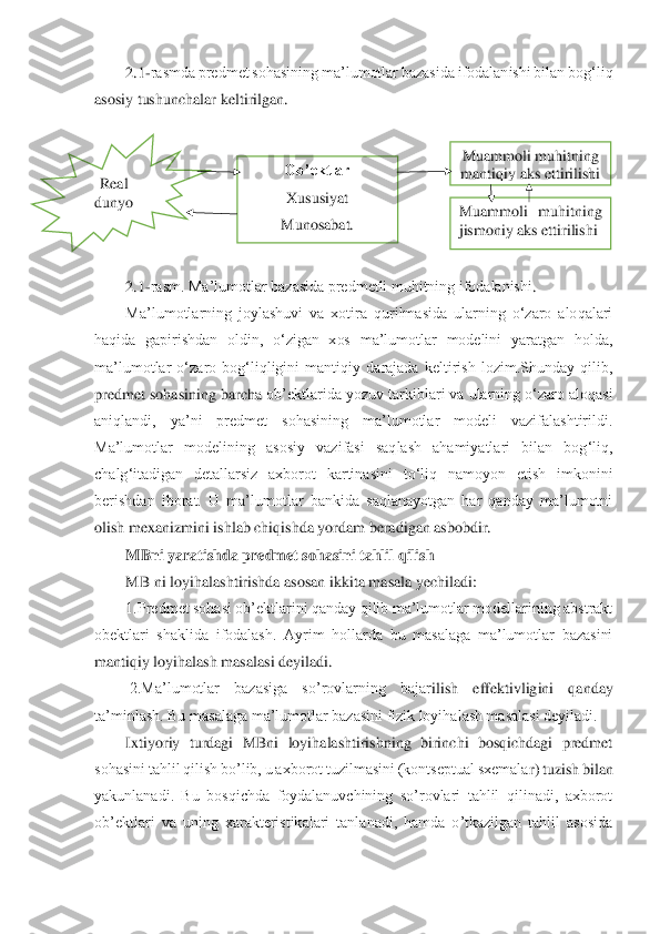 2.1	-rasmda predmet sohasining ma’lumotlar bazasida ifodalanishi bilan bog‘liq 	
asosiy tushunchalar kel	tirilgan.	 	
 
 
  
         	 	
 
 
2.1	-rasm. Ma’lumotlar bazasida predmetli muhitning ifodalanishi	.  	
Ma’lumotlarning  joylashuvi  va  xotira  qurilmasida  ularning  o‘zaro  aloqalari 	
haqida  gapirishdan  oldin,  o‘zigan  xos  ma’lumotlar  modelini  yaratgan  holda, 
ma’lumotlar  o‘zaro  bog‘liqligini  mantiqiy  darajada  keltirish  lozim.Shunday  qilib, 
predmet sohasining barch	a ob’ektlarida yozuv tarkiblari va ularning o‘zaro aloqasi 	
aniqlandi,  ya’ni  predmet  sohasining  ma’lumotlar  modeli  vazifalashtirildi. 
Ma’lumotlar  modelining  asosiy  vazifasi  saqlash  ahamiyatlari  bilan  bog‘liq, 
chalg‘itadigan  detallarsiz  axborot  kartinasini  t	o‘liq  namoyon  etish  imkonini 	
berishdan  iborat.  U  ma’lumotlar  bankida  saqlanayotgan  har  qanday  ma’lumotni 
olish mexanizmini ishlab chiqishda yordam beradigan asbobdir. 	 	
MBni yaratishda predmet sohasini tahlil qilish	  	
MB ni loyihalashtirishda asosan ikkita m	asala yechiladi: 	 	
1.Predmet sohasi ob’ektlarini qanday qilib ma’lumotlar modellarining abstrakt 	
obektlari  shaklida  ifodalash.  Ayrim  hollarda  bu  masalaga  ma’lumotlar  bazasini 
mantiqiy loyihalash masalasi deyiladi.	 	
 2.Ma’lumotlar  bazasiga  so’rovlarning  bajar	ilish  effektivligini  qanday 	
ta’minlash. Bu masalaga ma’lumotlar bazasini fizik loyihalash masalasi deyiladi. 	 	
Ixtiyoriy  turdagi  MBni  loyihalashtirishning  birinchi  bosqichdagi  predmet 	
sohasini tahlil qilish bo’lib, u axborot tuzilmasini (kontseptual sxemala	r) tuzish bilan 	
yakunlanadi.  Bu  bosqichda  foydalanuvchining  so’rovlari  tahlil  qilinadi,  axborot 
ob’ektlari  va  uning  xarakteristikalari  tanlanadi,  hamda  o’tkazilgan  tahlil  asosida 
Real 
dunyo	 	
Ob’ektlar	 	
Xususiyat	 	
Munosabat.	 	
Muammoli muhitning 
mantiqiy aks ettirilishi	 	
Muammoli  muhitning 
jismoniy aks ettirilishi	  