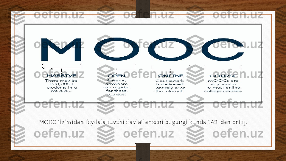 MOOC tizimidan foydalanuvchi davlatlar soni bugungi kunda 140  dan ortiq. 