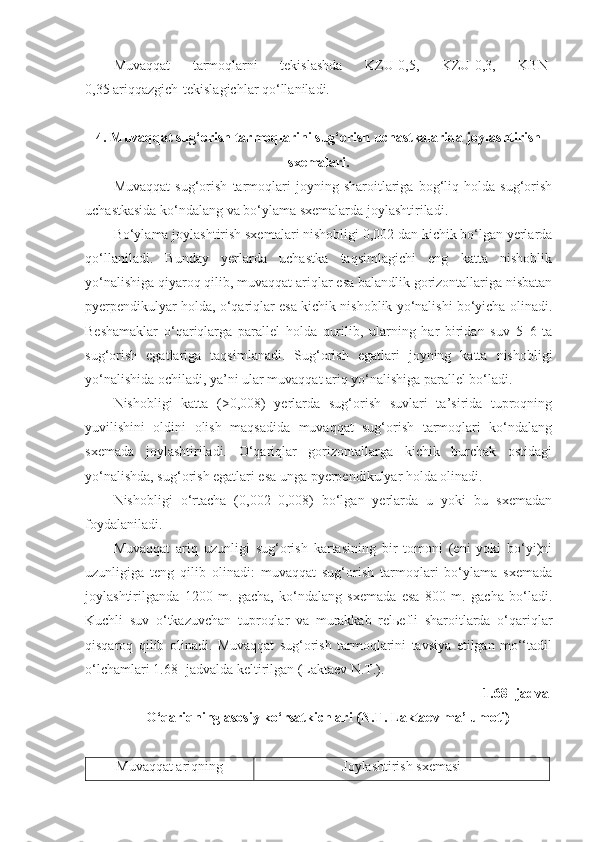 Muvaqqat   tarmoqlarni   tekislashda   KZU-0,5,   KZU-0,3,   KBN-
0,35 ariqqazgich-tekislagichlar qo‘llaniladi.
4. Muvaqqat sug‘orish tarmoqlarini sug‘orish uchastkalarida joylashtirish
sxemalari.
Muvaqqat   sug‘orish   tarmoqlari   joyning   sharoitlariga   bog‘liq   holda   sug‘orish
uchastkasida ko‘ndalang va bo‘ylama sxemalarda joylashtiriladi.
Bo‘ylama joylashtirish sxemalari nishobligi 0,002 dan kichik bo‘lgan yerlarda
qo‘llaniladi.   Bunday   yerlarda   uchastka   taqsimlagichi   eng   katta   nishoblik
yo‘nalishiga qiyaroq qilib, muvaqqat ariqlar esa balandlik gorizontallariga nisbatan
pyerpendikulyar holda, o‘qariqlar esa kichik nishoblik yo‘nalishi bo‘yicha olinadi.
Beshamaklar   o‘qariqlarga   parallel   holda   qurilib,   ularning   har   biridan   suv   5–6   ta
sug‘orish   egatlariga   taqsimlanadi.   Sug‘orish   egatlari   joyning   katta   nishobligi
yo‘nalishida ochiladi, ya’ni ular muvaqqat ariq yo‘nalishiga parallel bo‘ladi.
Nishobligi   katta   (>0,008)   yerlarda   sug‘orish   suvlari   ta’sirida   tuproqning
yuvilishini   oldini   olish   maqsadida   muvaqqat   sug‘orish   tarmoqlari   ko‘ndalang
sxemada   joylashtiriladi.   O‘qariqlar   gorizontallarga   kichik   burchak   ostidagi
yo‘nalishda, sug‘orish egatlari esa unga pyerpendikulyar holda olinadi. 
Nishobligi   o‘rtacha   (0,002–0,008)   bo‘lgan   yerlarda   u   yoki   bu   sxemadan
foydalaniladi.
Muvaqqat   ariq   uzunligi   sug‘orish   kartasining   bir   tomoni   (eni   yoki   bo‘yi)ni
uzunligiga   teng   qilib   olinadi:   muvaqqat   sug‘orish   tarmoqlari   bo‘ylama   sxemada
joylashtirilganda   1200   m.   gacha,   ko‘ndalang   sxemada   esa   800   m.   gacha   bo‘ladi.
Kuchli   suv   o‘tkazuvchan   tuproqlar   va   murakkab   relьefli   sharoitlarda   o‘qariqlar
qisqaroq   qilib   olinadi.   Muvaqqat   sug‘orish   tarmoqlarini   tavsiya   etilgan   mo‘‘tadil
o‘lchamlari 1.68- jadvalda keltirilgan (Laktaev N.T.).
1.68- jadval
O‘qariqning asosiy ko‘rsatkichlari (N.T. Laktaev ma’lumoti)
Muvaqqat ariqning Joylashtirish sxemasi 