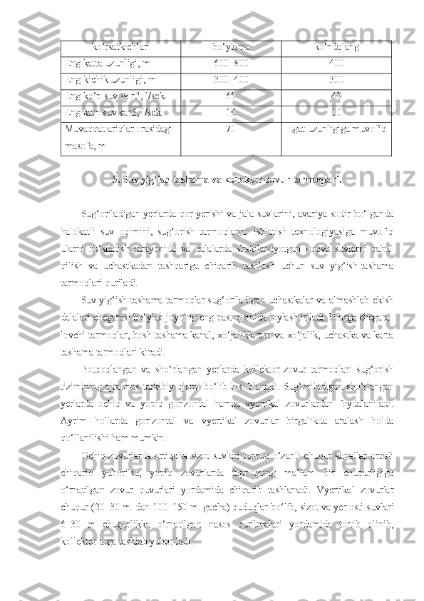 ko‘rsatkichlari bo‘ylama ko‘ndalang
Eng katta uzunligi, m 600–800 400
Eng kichik uzunligi, m 300–400 300
Eng ko‘p suv sa rfi, l/sek. 60 40
Eng kam suv sarfi, l/sek. 10 10
Muvaqqat ariqlar orasidagi 
masofa, m 70 Egat uzunligiga muvofiq
5. Suv yig‘ish-tashama va kollektor-zovur tarmoqlari.
Sug‘oriladigan yerlarda qor yerishi va jala suvlarini, avariya sodir bo‘lganda
halokatli   suv   oqimini,   sug‘orish   tarmoqlarini   ishlatish   texnologiyasiga   muvofiq
ularni   bo‘shatish   jarayonida   va   dalalarda   shakllanayotgan   oqova   suvlarni   qabul
qilish   va   uchastkadan   tashqariga   chiqarib   tashlash   uchun   suv   yig‘ish-tashama
tarmoqlari   quriladi. 
Suv yig‘ish-tashama tarmoqlar sug‘oriladigan uchastkalar va almashlab ekish
dalalari chegarasi bo‘ylab joyning eng past qismida joylashtiriladi. Ularga chegara-
lovchi tarmoqlar, bosh tashama kanal, xo‘jaliklararo va xo‘jalik, uchastka va karta
tashama tarmoqlari kiradi. 
Botqoqlangan   va   sho‘rlangan   yerlarda   kollektor-zovur   tarmoqlari   sug‘orish
tizimining   ajralmas   tarkibiy   qismi   bo‘lib   hisoblanadi.   Sug‘oriladigan   sho‘rlangan
yerlarda   ochiq   va   yopiq   gorizontal   hamda   vyertikal   zovurlardan   foydalaniladi.
Ayrim   hollarda   gorizontal   va   vyertikal   zovurlar   birgalikda   aralash   holda
qo‘llanilishi ham mumkin. 
Ochiq zovurlarda ortiqcha sizot suvlari tuproq o‘zanli chuqur kanallar orqali
chiqarib   yuborilsa,   yopiq   zovurlarda   tuproqning   ma’lum   bir   chuqurligiga
o‘rnatilgan   zovur   quvurlari   yordamida   chiqarib   tashlanadi.   Vyertikal   zovurlar
chuqur (20–30 m. dan 100–150 m. gacha) quduqlar bo‘lib, sizot va yer osti suvlari
6–30   m   chuqurlikka   o‘rnatilgan   nasos   qurilmalari   yordamida   tortib   olinib,
kollektorlarga tashlab yuboriladi. 