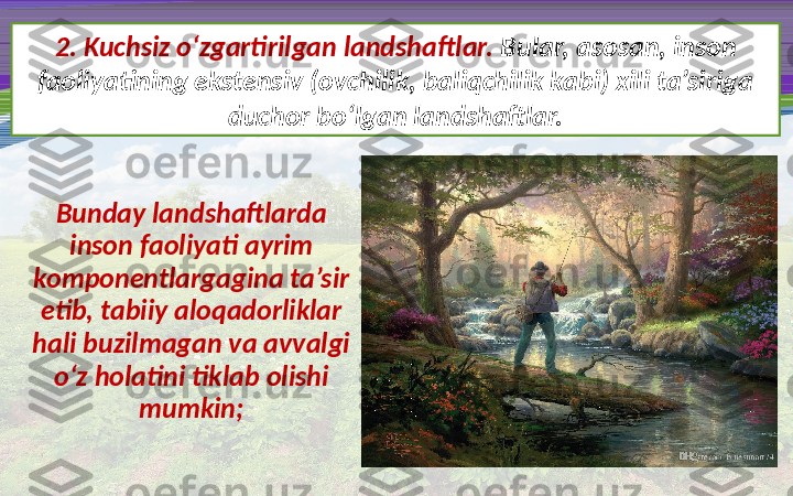 2. Kuchsiz o‘zgartirilgan landshaftlar.  Bular, asosan, inson 
faoliyatining ekstensiv (ovchilik, baliqchilik kabi) xili ta’siriga 
duchor bo‘lgan landshaftlar.
Bunday landshaftlarda 
inson faoliyati ayrim 
komponentlargagina ta’sir 
etib, tabiiy aloqadorliklar 
hali buzilmagan va avvalgi 
o‘z holatini tiklab olishi 
mumkin; 