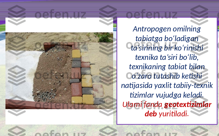 Antropogen omilning 
tabiatga bo‘ladigan 
ta’sirining bir ko‘rinishi 
texnika ta’siri bo‘lib, 
texnikaning tabiat bilan 
o‘zaro tutashib ketishi 
natijasida yaxlit tabiiy-texnik 
tizimlar vujudga keladi. 
Ularni fanda  geotextizimlar 
deb  yuritiladi. 