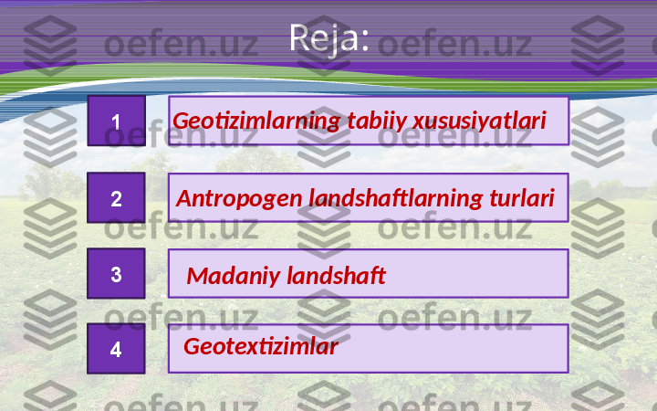 Reja:
 
2
 
3
 
4  
Geotizimlarning tabiiy xususiyatlari
1
Antropogen landshaftlarning turlari
Geotextizimlar Madaniy landshaft 