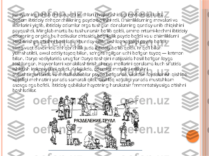 Jamiyatning ishlab chiqaruvchi kuchlari rivojlanishidagi navbatdagi katta 
qadam ibtidoiy dehqonchilikning paydo bo'lishi edi. O'simliklarning mevalari va 
ildizlarini yig'ib, ibtidoiy odamlar erga tushgan donalarning qanday unib chiqishini 
payqashdi. Minglab marta bu tushunarsiz bo'lib qoldi, ammo ertami-kechmi ibtidoiy 
odamning ongida bu hodisalar o'rtasida bog'liqlik paydo bo'ldi va u o'simliklarni 
etishtirishga o'tishni boshladi. Shunday qilib, qishloq xo'jaligi paydo bo'ldi.
Uzoq vaqt davomida dehqonchilik juda ibtidoiy bo'lib qoldi. Er qo'l bilan 
yumshatildi, avval oddiy tayoq bilan, so'ngra egilgan uchi bo'lgan tayoq — ketmon 
bilan. Daryo vodiylarida urug'lar Daryo toshqini natijasida hosil bo'lgan loyga 
tashlangan. Hayvonlarni xonakilashtirish chorva mollarini qoralama kuch sifatida 
ishlatish imkoniyatini ochdi. Kelajakda, odamlar metallni eritishni 
o'zlashtirganlarida va metall asboblar paydo bo'lganda, ulardan foydalanish qishloq 
xo'jaligi mehnatini yanada samarali qildi. Qishloq xo'jaligi yanada mustahkam 
asosga ega bo'ldi. Ibtidoiy qabilalar hayotning harakatsiz fermentatsiyasiga o'tishni 
boshladilar.     