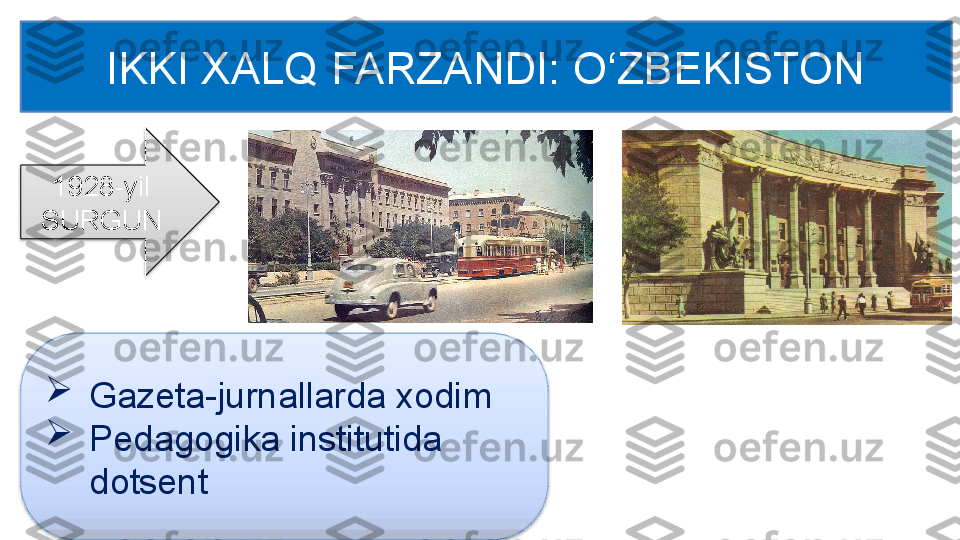 IKKI XALQ FARZANDI: O‘ZBEKISTON

Gazeta-jurnallarda xodim

Pedagogika institutida 
dotsent1928-yil 
SURGUN   