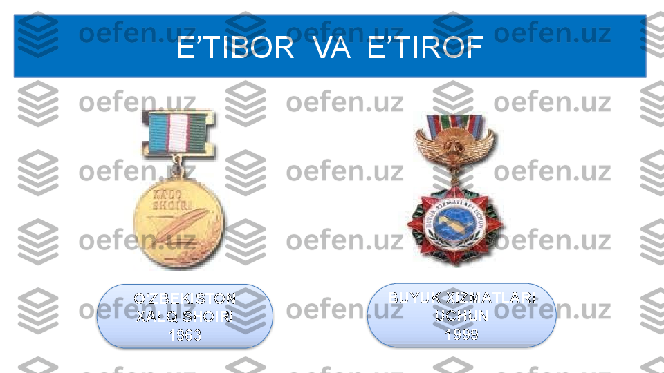 E’TIBOR  VA  E’TIROF
O‘ZBEKISTON 
XALQ SHOIRI
1963 BUYUK XIZMATLARI 
UCHUN
1999   