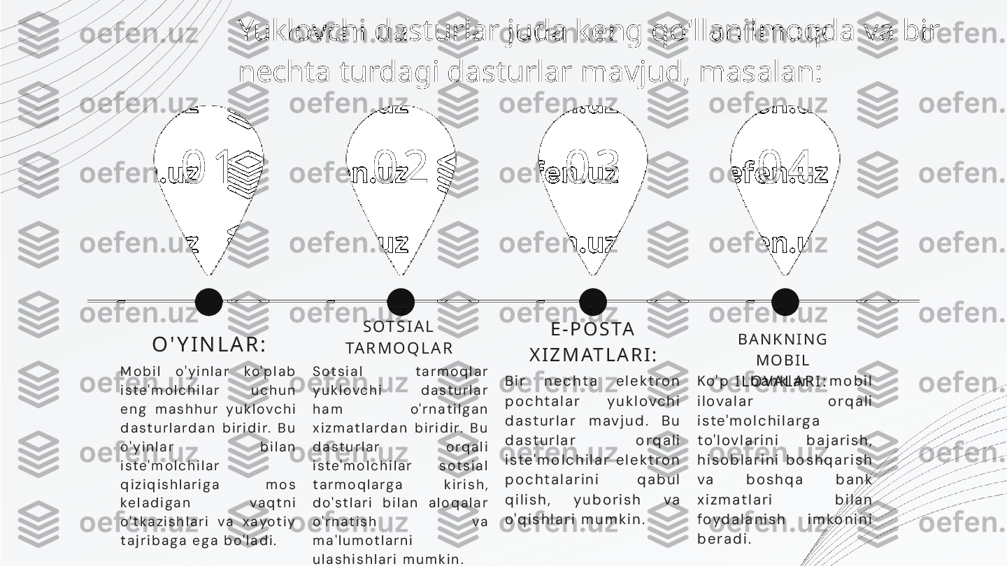 M o b i l   o ' y i n l a r   k o' p l a b  
i s t e ' m o l c h i l a r   u c h u n  
e n g   m a s h h u r   y u k l o v c h i  
d a s t u r l a r d a n   b i r i d i r.   B u  
o' y i n l a r   b i l a n  
i s t e ' m o l c h i l a r  
q i z i q i s h l a r i g a   m o s  
k e l a d i g a n   v a q t n i  
o' t k a z i s h l a r i   v a   x a yo t i y  
t a j r i b a g a   e g a   b o' l a d i . 0 1
O ' Y I N L A R : 0 2 0 3 0 4
S o t s i a l   t a r m o q l a r  
y u k l o v c h i   d a s t u r l a r  
h a m   o ' r n a t i l g a n  
x i z m a t l a r d a n   b i r i d i r.   B u  
d a s t u r l a r   o r q a l i  
i s t e ' m o l c h i l a r   s o t s i a l  
t a r m o q l a r g a   k i r i s h ,  
d o ' s t l a r i   b i l a n   a l o q a l a r  
o ' r n a t i s h   v a  
m a ' l u m o t l a r n i  
u l a s h i s h l a r i   m u m k i n . S O T S I A L  
TA R M O Q L A R
B i r   n e c h t a   e l e k t r o n  
p o c h t a l a r   y u k l o v c h i  
d a s t u r l a r   m a v j u d .   B u  
d a s t u r l a r   o r q a l i  
i s t e ' m o l c h i l a r   e l e k t r o n  
p o c h t a l a r i n i   q a b u l  
q i l i s h ,   y u b o r i s h   v a  
o ' q i s h l a r i   m u m k i n . E - P O S TA  
X I Z M AT L A R I :
K o ' p   b a n k l a r   m o b i l  
i l o v a l a r   o r q a l i  
i s t e ' m o l c h i l a r g a  
t o ' l o v l a r i n i   b a j a r i s h ,  
h i s o b l a r i n i   b o s h q a r i s h  
v a   b o s h q a   b a n k  
x i z m a t l a r i   b i l a n  
f o yd a l a n i s h   i m k o n i n i  
b e r a d i . B A N K N I N G  
M O B I L  
I L O V A L A R I :  Yuklovchi dasturlar juda keng qo'llanilmoqda va bir 
nechta turdagi dasturlar mavjud, masalan: 