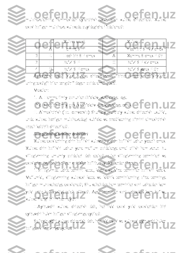 mulohazalarning   hammasidan   aylantirish   usuli   bilan   xulosa   chiqariladi.   Xulosa
asosi bo’lgan mulohaza xulosada quyidagicha ifodalanadi:
Xulosa asosi Xulosa
1 A Hamma  S-P E Hech bir S-Psiz emas
2 E Hech bir  S-P  emas A Xamma  S  emas  P  dir
3 I Ba’zi  S-P O Ba’zi S-P siz emas
4 O Ba’zi  S-P  emas I Ba’zi  S  emas  P  dir
Aylantirish   usuli   bilan   hulosa   chiqarilganda   “biror   nimaning   qo’shinkori
uning tasdig’i bilan tengdir ” degan qoida amal qiladi.
Masalan:
1.    A. Hamma ilmiy qonunlar ob’ektiv  xarakterga  ega.
  Ye. Hech bir ilmiy qonun sub’ektiv xarakterga ega emas.
II.   Almashtirish   (lot.–conversio)   Shunday   mantiqiy   xulosa   chiqarish   usuliki,
unda   xulosa   berilgan   mulohazadagi   sub’ekt   va   predikatning   o’rnini   almashtirish
orqali keltirib chiqariladi.
Sillogizmning umumiy qoidalari
Xulosa asoslarining chin bo’lishi xulosaning chin bo’lishi uchun yetarli emas.
Xulosa   chin   bo’lishi   uchun   yana   ma’lum   qoidalarga   amal   qilish   ham   zarur.   Bu
sillogizmning   umumiy   qoidalari   deb   ataladi.   Ular   sillogizmning   terminlari   va
asoslariga taalluqli bo’lgan qoidalar bo’lib, quyidagilardan iborat:
1.   Sillogizmda   uchta   termin:   katta,   kichik   va   o’rta   terminlar   bo’lishi   kerak.
Ma’lumki,   sillogizmning   xulosasi   katta   va   kichik   terminlarning   o’rta   terminga
bo’lgan munosabatiga asoslanadi; Shu sababdan ham terminlar soni uchtadan kam
yoki   ortiq   bo’lmasligi   talab   qilinadi.   Agar   terminlar   soni   uchtadan   kam   bo’lsa,
xulosa Yangi bilim bermaydi.
II .Ayiruvchi   xulosa   chiqarish   deb,   har   ikki   asosi   yoki   asoslaridan   biri
ayiruvchi hukm bo’lgan sillogizmga aytiladi.
Sof ayiruvchi xulosa chiqarish deb, har ikki asosi va xulosasi ayiruvchi hukm
bo’lgan sillogizmga aytiladi. 