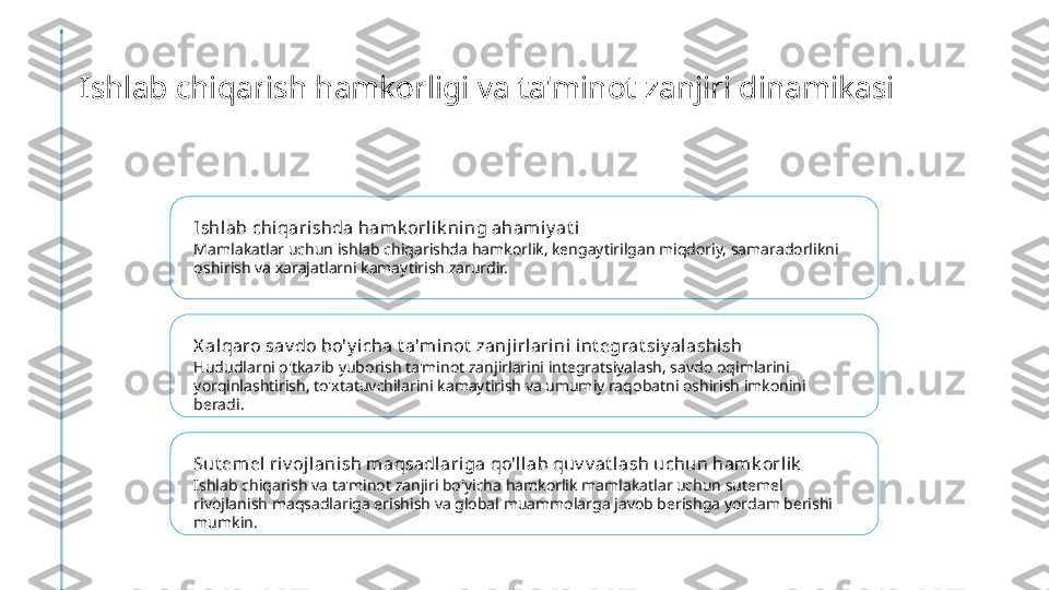 Ishlab chiqarish hamkorligi va ta'minot zanjiri dinamikasi
Ishlab chiqarishda hamk orlik ning ahamiy at i
Mamlakatlar uchun ishlab chiqarishda hamkorlik, kengaytirilgan miqdoriy, samaradorlikni 
oshirish va xarajatlarni kamaytirish zarurdir.
X al qaro sav do bo'y i cha t a'mi not  zanj irlarini int egrat siy alashish
Hududlarni o'tkazib yuborish ta'minot zanjirlarini integratsiyalash, savdo oqimlarini 
yorqinlashtirish, to'xtatuvchilarini kamaytirish va umumiy raqobatni oshirish imkonini 
beradi.
Sut emel ri v ojl anish maqsadlariga qo'llab quv v at l ash uchun hamk orlik
Ishlab chiqarish va ta'minot zanjiri bo'yicha hamkorlik mamlakatlar uchun sutemel 
rivojlanish maqsadlariga erishish va global muammolarga javob berishga yordam berishi 
mumkin. 