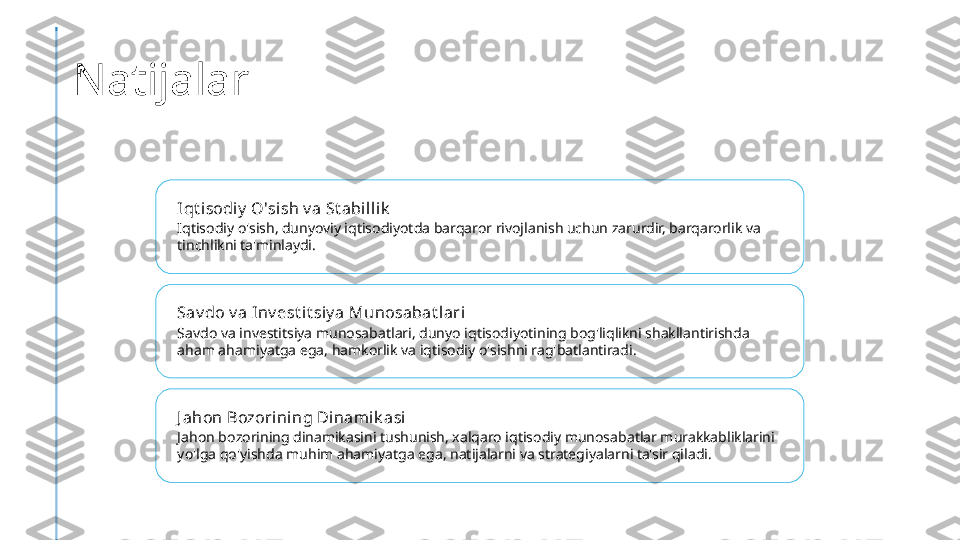 Natijalar
Iqt i sodiy  O'sish v a St abil lik
Iqtisodiy o'sish, dunyoviy iqtisodiyotda barqaror rivojlanish uchun zarurdir, barqarorlik va 
tinchlikni ta'minlaydi.
Sav do v a Inv est i t siy a Munosabat lari
Savdo va investitsiya munosabatlari, dunyo iqtisodiyotining bog'liqlikni shakllantirishda 
aham ahamiyatga ega, hamkorlik va iqtisodiy o'sishni rag'batlantiradi.
J ahon Bozorining Dinami k asi
Jahon bozorining dinamikasini tushunish, xalqaro iqtisodiy munosabatlar murakkabliklarini 
yo'lga qo'yishda muhim ahamiyatga ega, natijalarni va strategiyalarni ta'sir qiladi. 