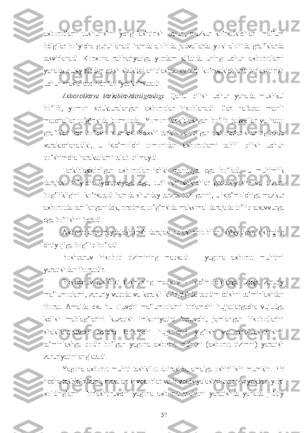 axborotlarni   tushunishni   yengillashtirish   uchun,   mazkur   ko’rsatkichlar     ma’lum
belgilar   bo’yicha   guruhlanadi   hamda   alohida   jadvallarda   yoki   alohida   grafiklarda
tasvirlanadi.   Korxona   rahbariyatiga   yordam   sifatida   uning   uchun   axborotlarni
yanada qulay taqdim etish shaklini aniqlashda va turli ko’rsatkichlarni birlashtirish
uchun maslahatchilar faoliyat ko’rsatadi.
Axborotlarni   tarkiblashtirilganligi.   Qabul   qilish   uchun   yanada   mushkul
bo’lib,   yomon   strukturalangan   axborotlar   hisoblanadi.   Gap   nafaqat   matnli
materiallar   to’g’risida   bormoqda.   Yomon   tarkiblashgan   bo’lib   jadvallar   va   hatto
grafiklar ham bo’lishi mumkin. Yaxshi  tarkiblashtirilgan axborotlar shuning bilan
xarakterlanadiki,   u   iste’molchi   tomonidan   axborotlarni   tahlil   qilish   uchun
qo’shimcha harakatlarni talab qilmaydi.
Tarkiblashtirilgan   axborotlar   ichki   mantiqga   ega   bo’ladi:   u   muhimlik
darajasi   bo’yicha   iyerarxiyaga   ega,   turli   ko’rsatkichlar   gradasiyasini   va   o’zaro
bog’likligini   ko’rsatadi hamda shunday tarzda tuzilganni, u iste’molchiga mazkur
axborotda tariflanganidek, predmet to’g’risida maksimal darajada to’liq tasavvurga
ega bo’lishni beradi. 
Axborotlarni maydalashtirish darajasi bu axborot bilan ishlaydigan kishining
ehtiyojiga bog’liq bo’ladi.
Boshqaruv   hisoboti   tizimining   maqsadi   –   yagona   axborot   muhitini
yaratishdan iboratdir.
Boshqaruv   hisoboti   tizimining   maqsadi   –   iste’molchilarga   ularga   zaruriy
ma’lumotlarni, zaruriy vaqtda va kerakli ko’rinishda taqdim etishni ta’minlashdan
iborat.   Amalda   esa   bu   oluvchi   ma’lumotlarni   birlamchi   hujjatlargacha   vujudga
kelish   mablag’larini   kuzatish   imkoniyatini   beruvchi,   jamlangan   hisobotlarini
shakllantiruvchi   barcha   birlamchi   hujjatlarni   yig’ish   va   tarkiblashtirishni
ta’minlashga   qodir   bo’lgan   yagona   axborot   muhitni   (axborot   tizimni)   yaratish
zaruriyatini anglatadi.
Yagona   axborot   muhiti   tashkilot   doirasida,   amalga   oshirilishi   mumkin.   Bir
necha tashkilotlarni, masalan investorlar va investisiyalashni qator obyektlari yoki
xoldinglarni     birlashtiruvchi   yagona   axborot   muhitni   yaratishda   yanada   jiddiy
53 