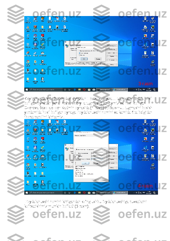 Keyingi qadamda 3-rasmdagi oynadan  Права   доступа … tugmasini tanlab hosil 
bo’lgan oynadan yana  Права   доступа  tugmasini tanlaymiz va hosil bo’lgan 
Система   безопасност  Radmin oynasida (4-rasm)  Добавить ... tugmasini bosish 
yordamida hosil bo’lgan oynaga Foydalanuvchi nomini va kamida 6 ta belgidan 
iborat parolini kiritamiz .
 Foydalanuvchi nomini kiritgandan so’ng ushbu foydalanuvchiga ruxsatlarni 
ko’rsatishimiz mumkin bo’ladi (5-rasm). 3-rasm
4-rasm 