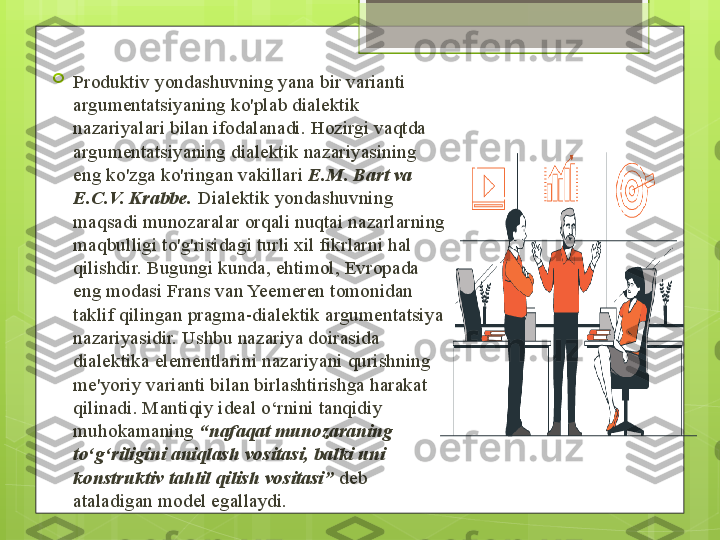 
Produktiv yondashuvning yana bir varianti 
argumentatsiyaning ko'plab dialektik 
nazariyalari bilan ifodalanadi. Hozirgi vaqtda 
argumentatsiyaning dialektik nazariyasining 
eng ko'zga ko'ringan vakillari  E.M. Bart va 
E.C.V. Krabbe.  Dialektik yondashuvning 
maqsadi munozaralar orqali nuqtai nazarlarning 
maqbulligi to'g'risidagi turli xil fikrlarni hal 
qilishdir. Bugungi kunda, ehtimol, Evropada 
eng modasi Frans van Yeemeren tomonidan 
taklif qilingan pragma-dialektik argumentatsiya 
nazariyasidir. Ushbu nazariya doirasida 
dialektika elementlarini nazariyani qurishning 
me'yoriy varianti bilan birlashtirishga harakat 
qilinadi. Mantiqiy ideal o‘rnini tanqidiy 
muhokamaning  “nafaqat munozaraning 
to‘g‘riligini aniqlash vositasi, balki uni 
konstruktiv tahlil qilish vositasi”  deb 
ataladigan model egallaydi.                                             