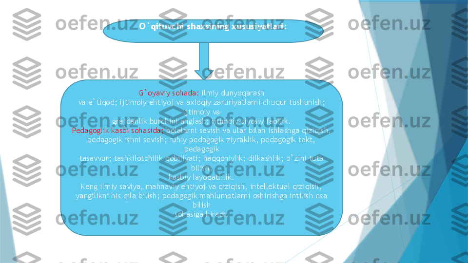 O`qituvchi shaxsining xususiyatlari :
G`oyaviy sohada:  ilmiy dunyoqarash
va e`tiqod; ijtimoiy ehtiyoj va axloqiy zaruriyatlarni chuqur tushunish; 
ijtimoiy va
grajdanlik burchini anglash; ijtimoiy-siyosiy faollik.
Pedagoglik kasbi sohasida;  bolalarni sevish va ular bilan ishlashga qiziqish,
pedagogik ishni sevish; ruhiy pedagogik ziyraklik, pedagogik takt, 
pedagogik
tasavvur; tashkilotchilik qobiliyati; haqqoniylik; dilkashlik; o`zini tuta 
bilish;
kasbiy layoqatlilik.
Keng ilmiy saviya, mahnaviy ehtiyoj va qiziqish, intellektual qiziqish,
yangilikni his qila bilish; pedagogik mahlumotlarni oshirishga intilish esa 
bilish
sohasiga kiradi.                   