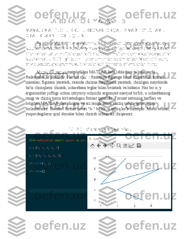 LABORATORIYA ISH – 5
MAVZU:  MATPLOTLIB KUTUBXONASI ORQALI 2 VA 3 – O’LCHAMLI 
GRAFIKLARNI HOSIL QILISH
Pythonda Matplotlib massivlarning 2D chizmalari uhcun ajoyib vizualizatsiya 
kutubxonasi.Matplotlib – bu NumPy massivlarida qurilgan va kengroq SciPy steklari 
bilan ishlash uchun mo’ljallangan ko’p platformali ma’lumotlarni visualizatsiya qilish
kutubxonasi. U 2002 – yilda Jon Hunter tomonidan taqdim etilgan.Matplotlib qator, 
chiziq ,scatter, gistogramma va boshqalar kabi bir nechta chizmalardan iborat.
Matplotlib.pyplot   matplotlibni MATLAB kabi ishlashini ta’minlovchi 
funksiyalar to‘plamidir.   Har bir   pyplot funktsiya figuraga biroz o'zgartirish kiritadi: 
masalan, figurani yaratadi, rasmda chizma maydonini yaratadi, chizilgan maydonda 
ba'zi chiziqlarni chizadi, uchastkani teglar bilan bezatadi va hokazo.   Har bir x, y 
argumentlar juftligi uchun ixtiyoriy uchinchi argument mavjud bo'lib, u uchastkaning 
rangi va chiziq turini ko'rsatadigan format qatoridir.   Format satrining harflari va 
belgilari MATLAB dan olingan va siz rangli satrni chiziq uslubi qatori bilan 
birlashtirasiz.   Standart format qatori "b-" bo'lib, u qattiq ko'k chiziqdir.   Misol uchun, 
yuqoridagilarni qizil doiralar bilan chizish uchun siz chiqarasiz
1.1  2D – o’lchamli grafikga misol. 