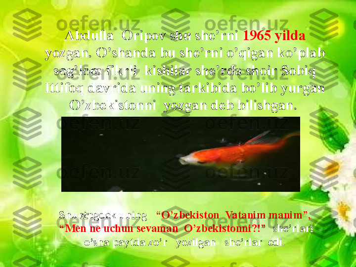 Abdulla  Oripov shu she’rni  1965 yilda 
yozgan. O’shanda bu she’rni o’qigan ko’plab 
sog’lom fikrli  kishilar she’rda shoir Sobiq 
Ittifoq davrida uning tarkibida bo’lib yurgan 
O’zbekistonni  yozgan deb bilishgan. 
Shuningdek uning    “O’zbekiston  Vatanim manim”,
 “Men ne uchun sevaman  O’zbekistonni?!”   she’rlari 
o’sha paytda zo’r   yozilgan   she’rlar  edi.                 