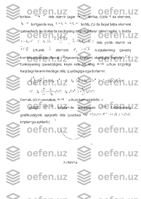 bo’lsin.  1	0	1		k   deb   olamiz   (agar   0
1 
k	
  bo’lsa,   (5)da  	k -ta   element,	
1	1	k
 bo’lganda esa, 	0	...	2	1					k		  bo’lib, (5) da faqat bitta element
qatnashadi; bu hollarda tasdiqning to’g’riligi faraz qilinmoqda). U holda	
,	)	1(	1	1	1	x	x	x	k	k	k								
 		
	
k
i	
i	ix	x	
1
 ,  	)	1/(	1			k	i	i			   deb   yozib   olamiz   va	
Q	x
  (chunki  	x   element  	ix ,  	k	i	,1   nuqtalarning   qavariq
kombinasiyasidan   iborat;   Q
-qavariq   to’plam)   ekanligini   hamda  	
)	(x	f
funksiyaning   qavariqligini,   keyin   esa,   (4)   ning  	
k	m	   uchun   to’g’riligi
haqidagi farazni hisobga olib, quyidagiga ega bo’lamiz:	
						

	


	
	
	
		
	
	

	)	(	)	1(	)	(	)	)	1(	(	1	
1	
1	1	
1	
1	
1
1	
x	f	x	f	x	x	f	x	f	k	
k	
k	k	
k	
k	
k
i	
i	i						
.	(	)	(	)	(	1	)	1(	
1
1	
)	1	1	1	1	1			

	
										
k
i	
i	i	k	k	i	k
i	k
i	k	x	f	x	f	x	f			
	
Demak, (4) munosabat, 	
1	k	m uchun ham o’rinlidir.  
3-ta’rif .   n	
R	Q	
  to’plamda   aniqlangan  	)	(x	f   funksiyaning
grafikusti(yoki   epigrafi)   deb   quyidagi  	
	)	(	  ,	:	)	,	(	1	x	f	y	Q	x	R	y	x	epif	n					
to’plamga aytiladi (2-chizma).
           2-chizma 