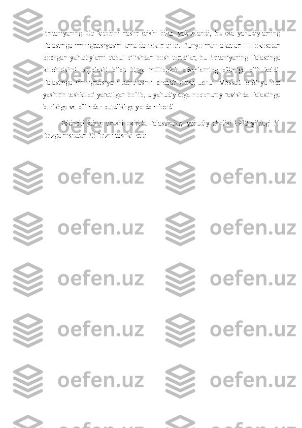 Britaniyaning   Oq   kitobini   nashr   etishi   bilan   yakunlandi,   bu   esa   yahudiylarning
Falastinga immigratsiyasini amalda bekor qildi. Dunyo mamlakatlari Holokostdan
qochgan   yahudiylarni   qabul   qilishdan   bosh   tortdilar,   bu   Britaniyaning   Falastinga
ko'chirishni   taqiqlashi   bilan   birga   millionlab   odamlarning   o'limiga   olib   keldi.
Falastinga   immigratsiyani   taqiqlashni   chetlab   o'tish   uchun   Mossad   le-Aliya   Bet
yashirin tashkiloti yaratilgan bo'lib, u yahudiylarga noqonuniy ravishda Falastinga
borishga va o'limdan qutulishga yordam berdi
Ikkinchi   jahon   urushi   oxirida   Falastindagi   yahudiy   aholisi   1922   yildagi   11
foizga nisbatan 33 foizni tashkil etdi 