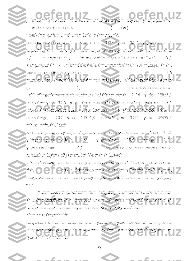 yillardagiprognozparametrlarivaularniumumlashtirganholdayakuniynatijagata’sirk
o‘rsatishihisoblabchiqarildi   (11-ilova).   11-
ilovakeltirilganjadvalma’lumotidanko‘rishmumkinki,
ishlabchiqarishdabandbo‘lganishchilarsoni   2021   yilda   2016   yilganisbatan   4
tagako‘payishi,   tarkiliyislohotlarnatijasidatovarqiymatitahlildavrigamosravishda
2,1   martagaoshishi,   barchaishchilarningkunlikunumsizsarfisarfi   7,9
soatgaqisqarishi,   xodimlarmalakasivakasbmahoratinioshirish   7,8   martagaoshishi,
texnologikmodernizatsiyaishlari   3,5
martagako‘payishivaishlabchiqarishnimodernizatsiyaqilishhisobigaerishiladigannat
ija   1,1   martagaoshishianiqlandi.
Tahlilqilingankorxonadapirovardmahsulotishlabchiqarish   2018   yilda   13856,1
mln.so‘mniyoki   2017   yilga   (haqiqatda   11697,8   mln.so‘m)   nisbatan   118,4
foizgaoshishiko‘zatilmoqda.   Kelgusidavrlarda,   2019   yildabuko‘rsatkich   16490,2
mln.so‘mga,   2020   yilda   19714,6   mln.so‘mgava   2021   yilda   23677,5
mln.so‘mnitashkiletadi.
Erishiladiganiqtisodiynatijanio‘tgandavrlarganisbatansolishtiradiganbo‘lsak,   2021
yildagiprognozko‘rsatkichi   2001   yilganisbatan   15,6   martaga,   2010
yilganisbatanesa   4,6   martagaoshirishimkonigaegabo‘lamiz.
Albattabundayiqtisodiysamaradorlikkaerishishdaavvalo,
ta’sirko‘rsatuvchiomillarniinobatgaolganholdamehnatnito‘g‘ritashkiletishvaboshqa
rish,   korxonadainnovatsionrivojlanishtamoyillarinimuttasiljoriyetish,
mavjudzahiralarniishlabchiqarishjarayonigasafarbaretibborishmuhimahamiyatgaeg
adir.
Yuqoridakeltirilganko‘pomillitahlilnatijalariyordamidamahsulotishlabchiqari
shdaishtiroketadiganishchilarmehnatidansamaralifoydalanishvamehnatunumdorligi
darajasinianiqlashhamdailmiytahlilqilishimkoniyatipaydobo‘ladi.
Shungaasoslanganholda,
kelajakdaishchilarmehnatidansamaralifoydalanishniyaxshilashvamehnatningmehna
tningsamaradorliginioshirishuchunsamaraliboshqaruvqarorlariniishlabchiqishdailm
iyasosbo‘libxizmatqiladi. 
77 