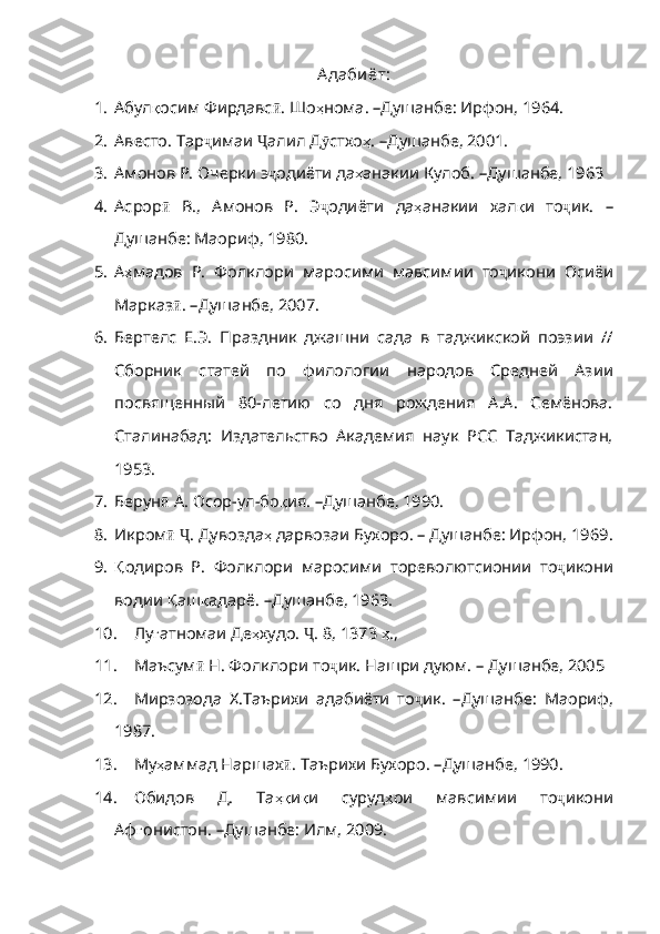 А даби ёт:
1. Абул қ осим   Фирдавс ӣ .  Шо ҳ нома . –Душанбе: Ирфон, 1964.
2. Авесто. Тар ҷ имаи   Ҷ алил   Д ӯ стхо ҳ .  – Душанбе, 2001.
3. Амонов Р. Очерки э ҷ одиёти   да ҳ анакии   Кулоб .  – Душанбе, 1963
4. Асрор ӣ   В .,   Амонов   Р .   Э ҷ одиёти   да ҳ анакии   хал қ и   то ҷ ик .   –
Душанбе: Маориф, 1980.
5. А ҳ мадов   Р .   Фолклори   маросими   мавсимии   то ҷ икони   Осиёи
Марказ ӣ .  –Душанбе , 2007 .
6. Бертелс   Е.Э.   Праздник   джашни   сада   в   таджикской   поэзии   //
Сборник   статей   по   филологии   народов   Средней   Азии
посвященный   80-летию   со   дня   рождения   А.А.   Семёнова.
Сталинабад:   Издательство   Академия   наук   РСС   Таджикистан,
1953.
7. Берун ӣ   А .  Осор - ул - бо қ ия .  –Душанбе , 1990 .
8. Икром ӣ   Ҷ .  Дувозда ҳ   дарвозаи  Бухоро. – Душанбе: Ирфон, 1969 .
9. Қ одиров   Р .   Фолклори   маросими   тореволютсионии   то ҷ икони
водии  Қ аш қ адарё .  –Душанбе , 1963.
10. Лу ғ атномаи   Де ҳ худо .   Ҷ . 8, 1373  ҳ ., 
11. Маъсум ӣ   Н .  Фолклори   то ҷ ик .  Нашри   дуюм .  –   Душанбе , 2005
12. Мирзозода   Х.Таърихи   адабиёти   то ҷ ик .   –Душанбе :   Маориф,
1987.
13. Му ҳ аммад   Наршах ӣ .  Таърихи  Бухоро. –Душанбе, 1990 .
14. Обидов   Д.   Та ҳқ и қ и   суруд ҳ ои   мавсимии   то ҷ икони
Аф ғ онистон . –Душанбе: Илм, 2009. 